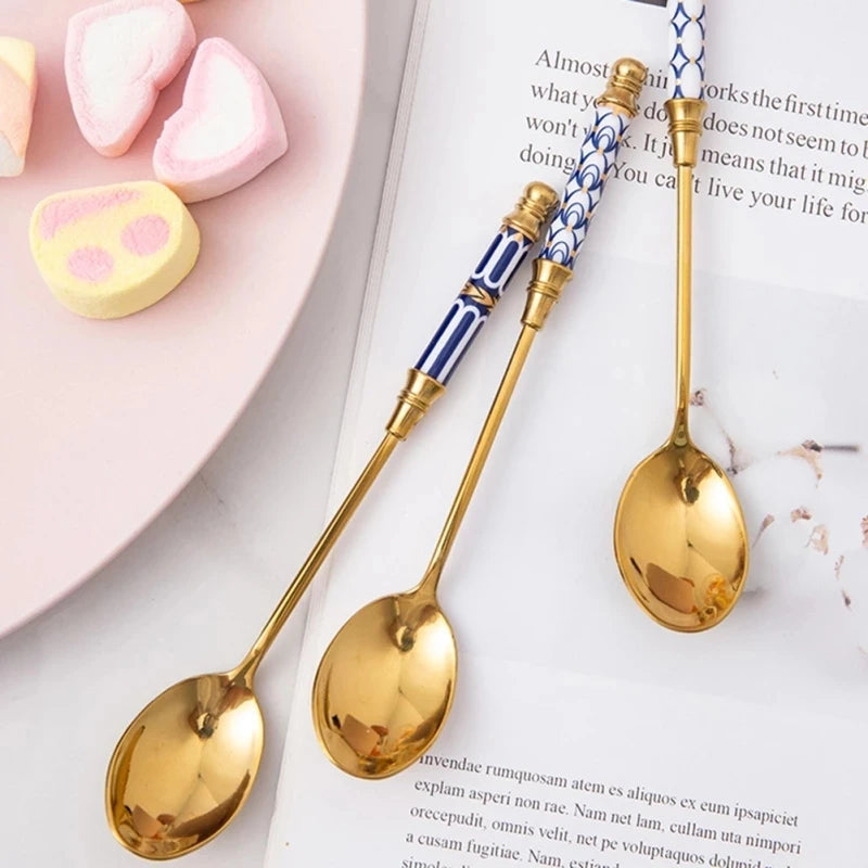 Gold Ceramic Handle Dessert Spoon