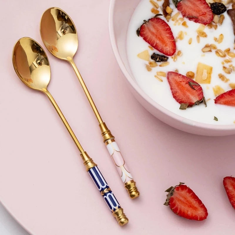 Gold Ceramic Handle Dessert Spoon