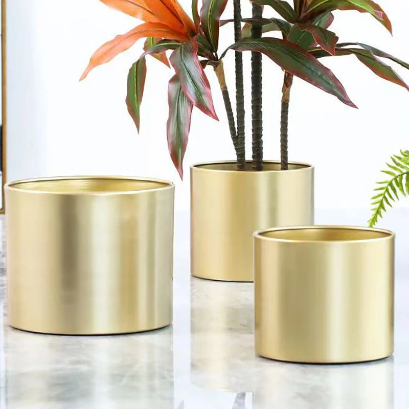 Gold Metal Cylindrical Flower Pot