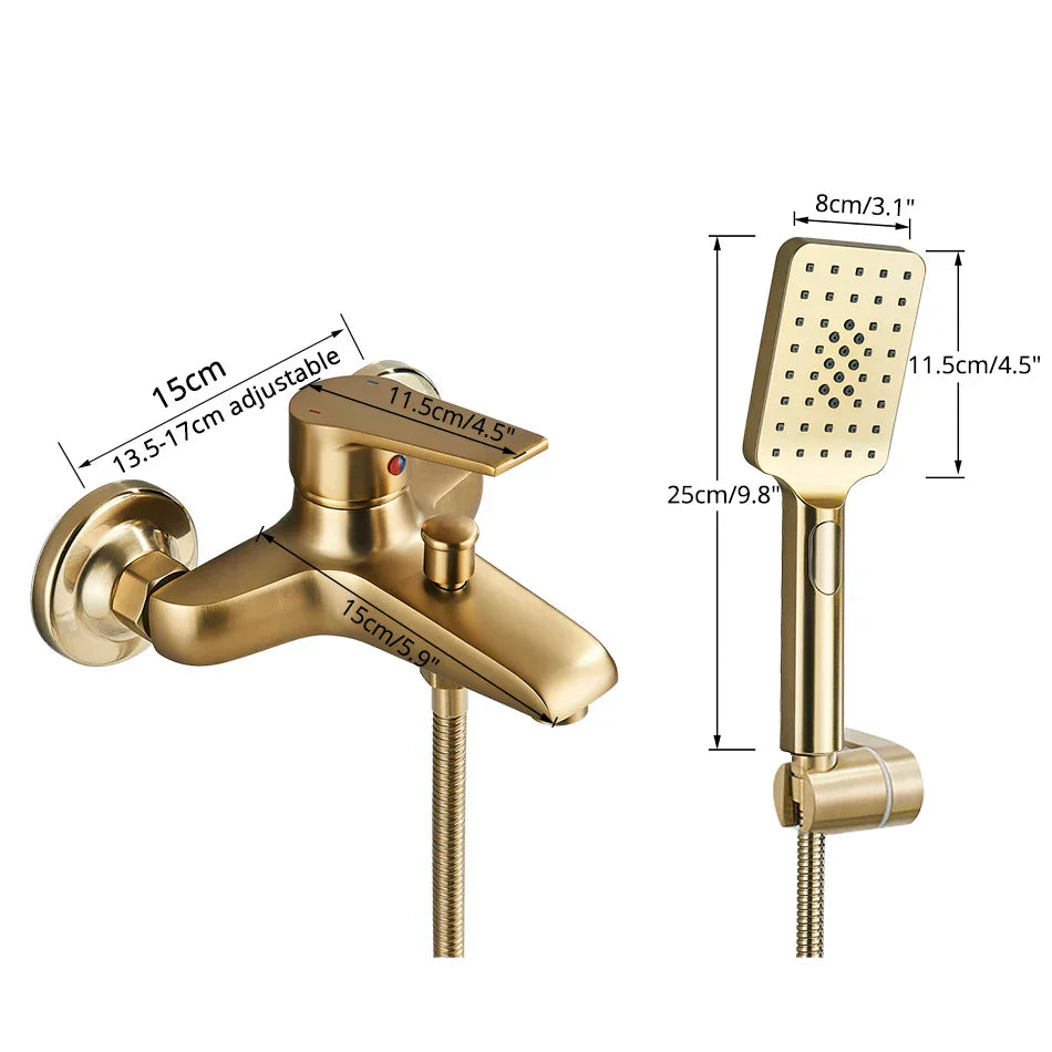 Juego de grifo mezclador para ducha DecorBites™ en oro cepillado con válvula de control negra para montaje en pared