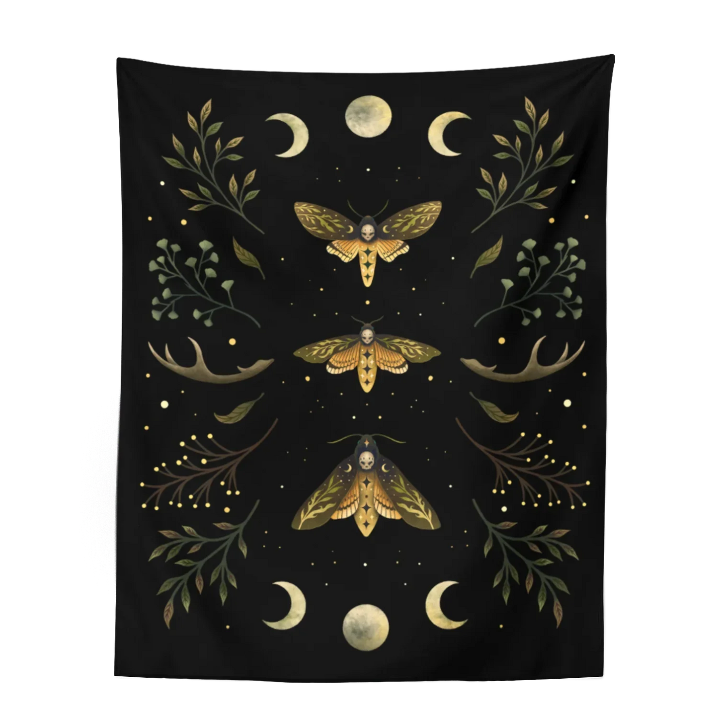 Decobites Moon Phase Wall Hanging Tapestry in Olive Leaf Green & Black - Boho Room Decor