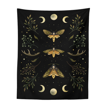 Decobites Moon Phase Wall Hanging Tapestry in Olive Leaf Green & Black - Boho Room Decor