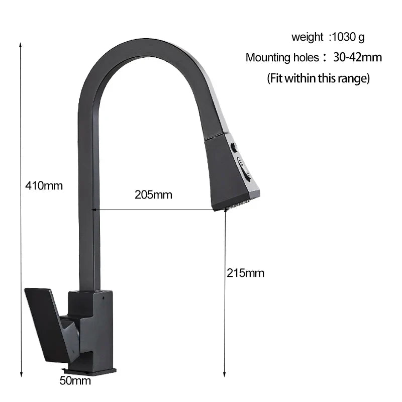 DecorBites™ Black Kitchen Faucet Pull Out Mixer Square Single Handle Deck Mounted Tap