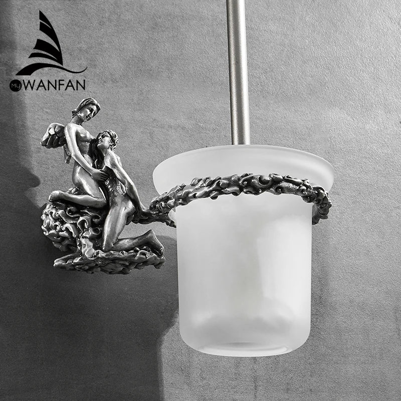 DecorBites™ Gold/Silver Romantic Toilet Brush Holder Set with Glass Cup & Brass Handle