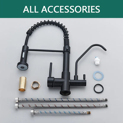 صنبور مطبخ DecorBites™ الأسود القابل للسحب للأسفل للمياه النقية، صنابير المياه الساخنة والباردة الدوارة