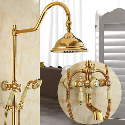 DecorBites™ Gold Brass Jade Bath Shower Set Wall Mounted Rainfall Hand Shower Faucet