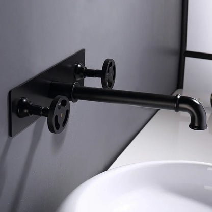 Grifo de lavabo de pared DecorBites™ de estilo industrial, color negro, con doble manija