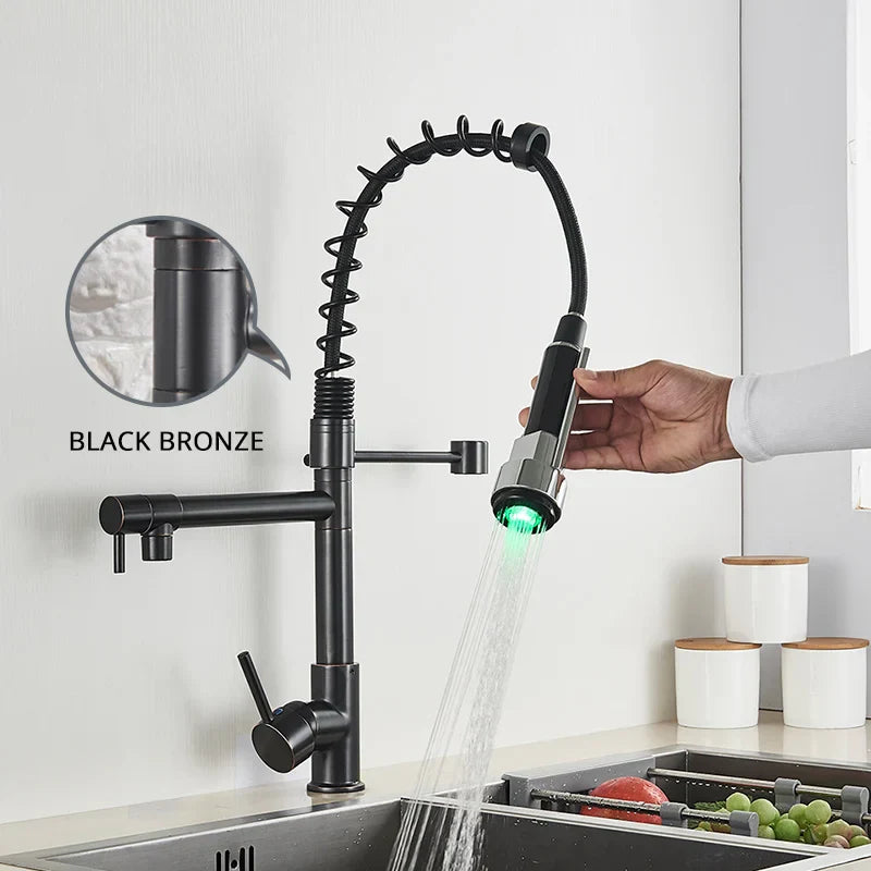 DecorBites™ LED Kitchen Faucet Pull Down Mixer Tap Hot Cold Water Vessel Sink Brass
