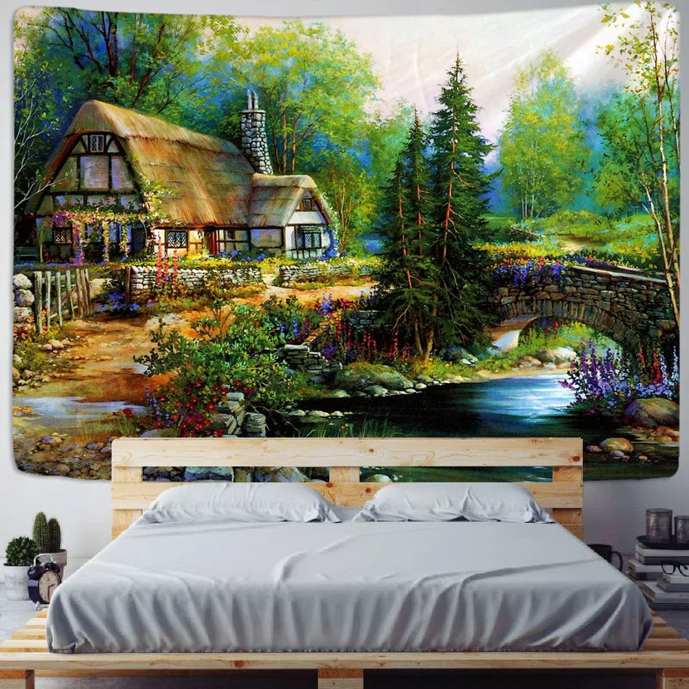 Fairy Tale Cottage Forest Tapestry - Decobites Bohemia Art Print Wall Hanging