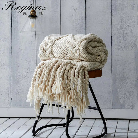 DecorBites™ Beige Chunky Knit Tassel Blanket - Soft Plaid Weighted Throw for Home Decor and Sofa - Industrial Style Tapestry