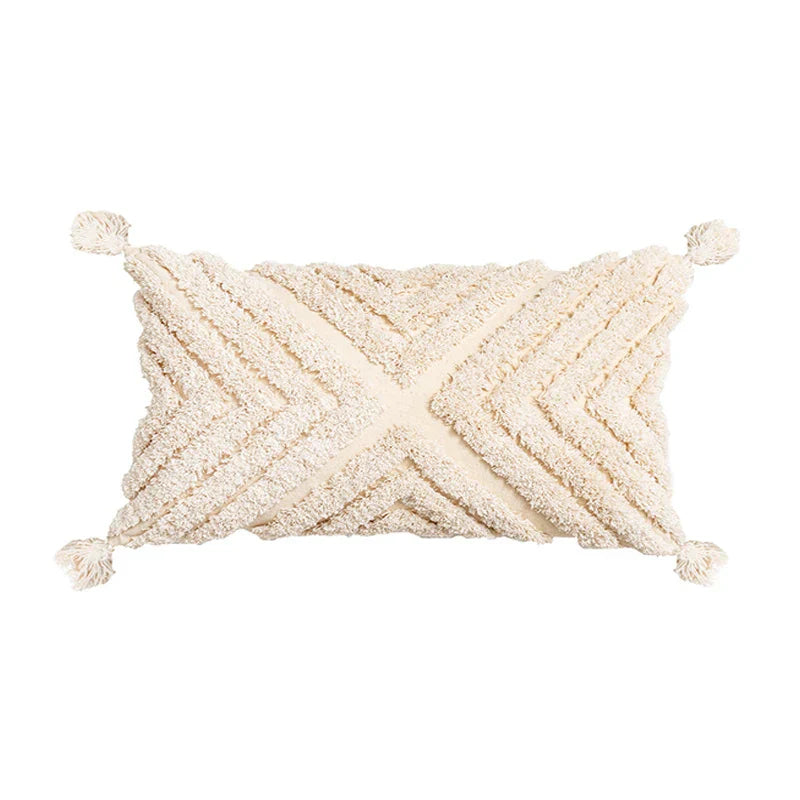 Funda de cojín DecorBites™ con borlas color beige, decoración cuadrada hecha a mano para el hogar, ideal para la sala de estar.