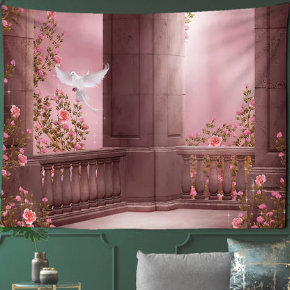 Decobites Court Woman Gothic Architecture Tapestry Wall Art with Rose Scenery & Pigeons