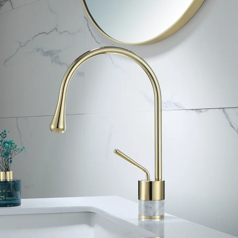 DecorBites™ Brushed Gold Brass & Marble Bathroom Sink Faucet