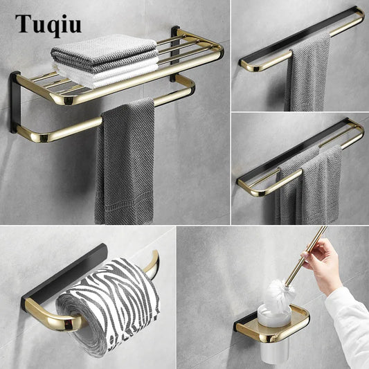 DecorBites™ Gold & Black Bathroom Hardware Set: Shelf, Towel Rack, Paper Holder, Brush Holder
