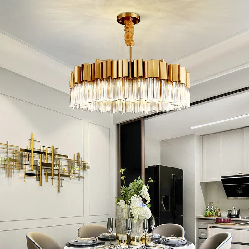DecorBites™ Golden Stainless Steel Crystal Chandelier for Elegant Foyer Lighting