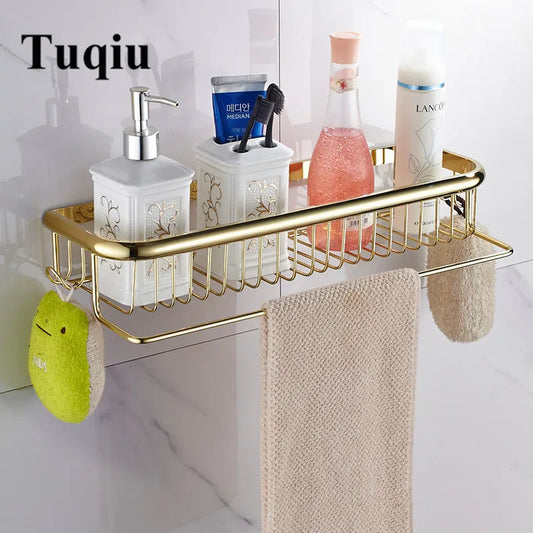 DecorBites™ Gold Brass Bathroom Shelf with Towel Hanger, Shampoo Holder, and Basket