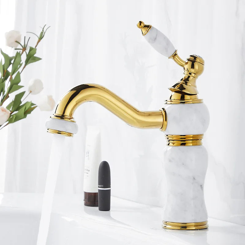 DecorBites™ Gold Brass and Marble Bathroom Basin Faucet Cold Hot Water Mixer Sink Tap