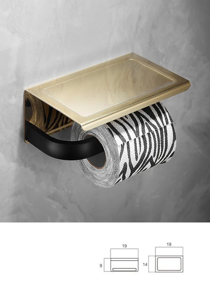 DecorBites™ Gold & Black Bathroom Hardware Set: Shelf, Towel Rack, Paper Holder, Brush Holder