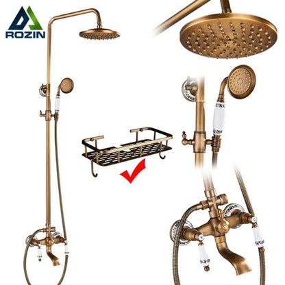 DecorBites™ Brass Antique Shower Faucet Set with Porcelain Ceramic Swivel Bath Spout
