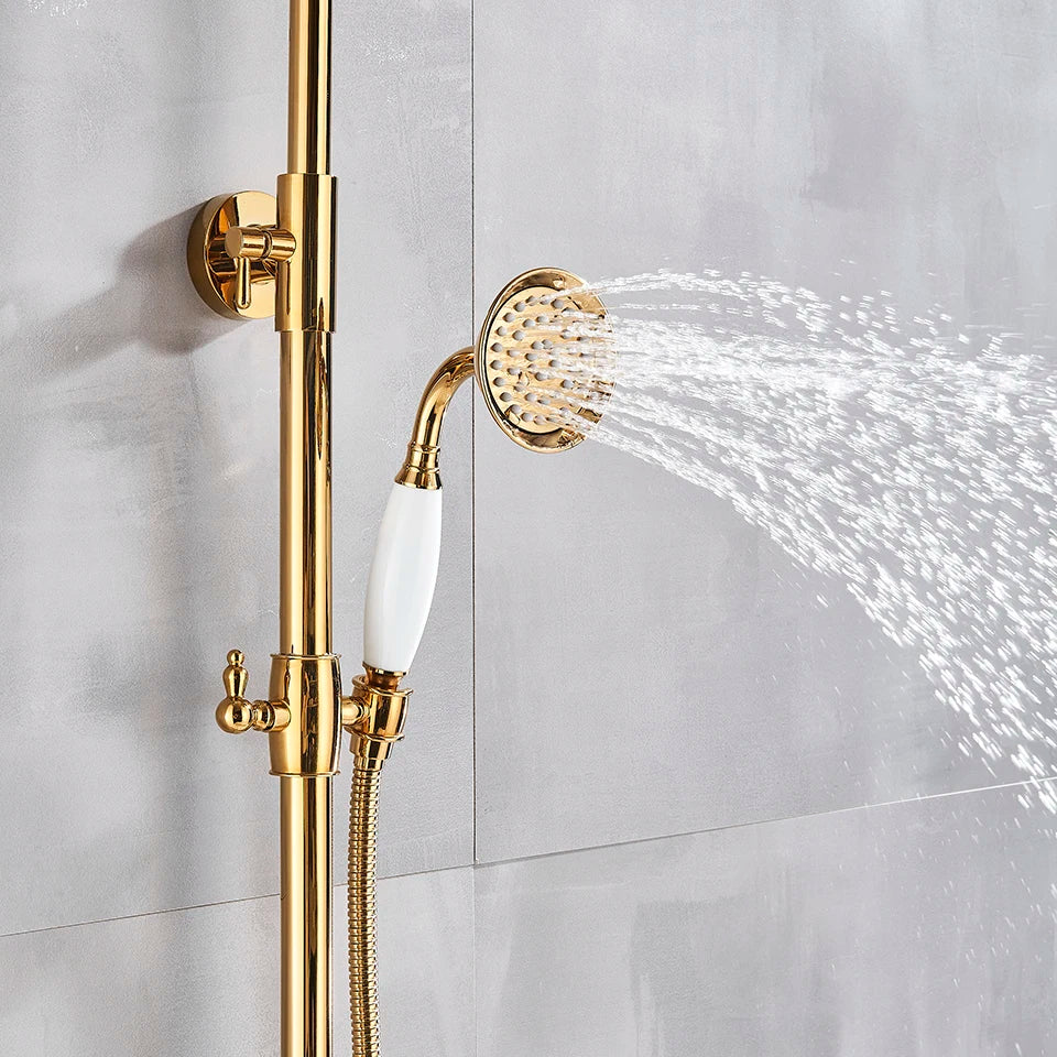 DecorBites™ Gold Shower Faucet Set with 8" Rainfall Shower Head and Hand Shower