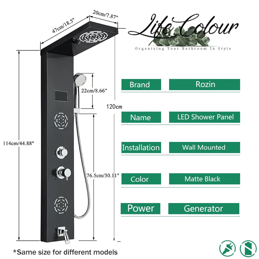 DecorBites™ LCD Black LED Rainfall Shower Panel with 5 Massage Jets Wall Mount