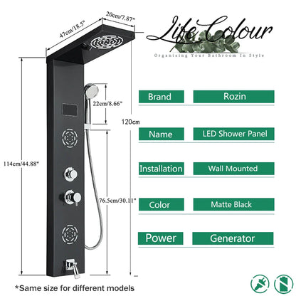 DecorBites™ LCD Black LED Rainfall Shower Panel with 5 Massage Jets Wall Mount