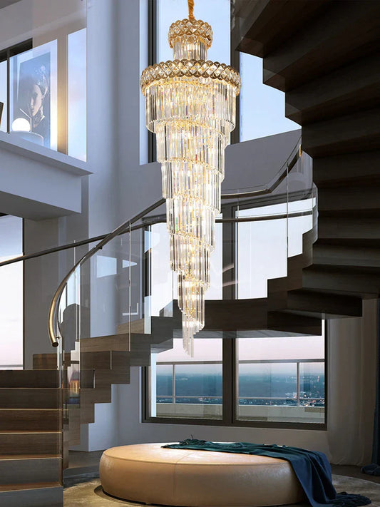 DecorBites™ Gold Stainless Steel Crystal Chandelier for Long Villa Staircase Lighting