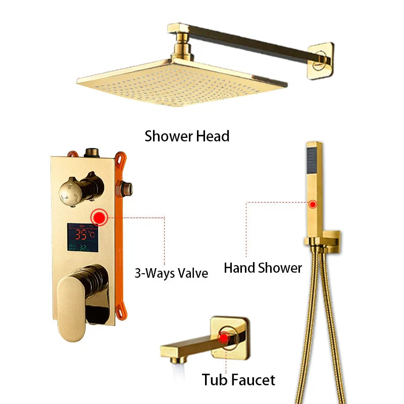 Decorbites™ Grifo de Ducha de Lluvia con Pantalla Digital de 12" en Oro y Control de Palanca Única