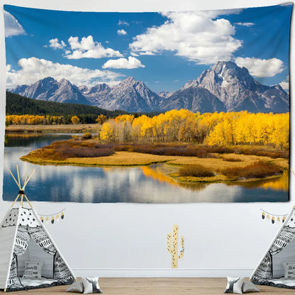 Mountain Lake Scenery Tapestry by Decobites - Golden Forest Wall Hanging for Home Decor