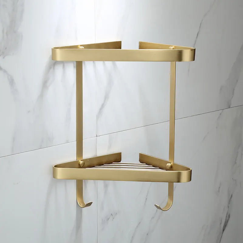 DecorBites™ Brass Bathroom Shower Rack: Brushed Gold Corner Shelf for Bath and Shower Storage