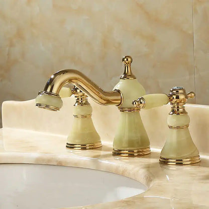 DecorBites™ Gold Brass Jade 3 Hole Widespread Basin Faucet with Double Handle