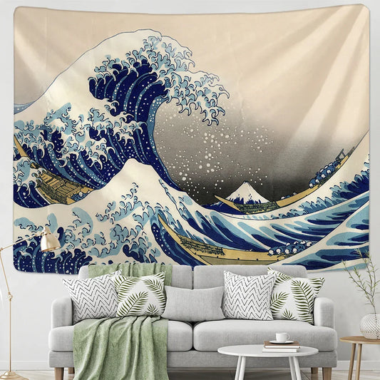 Decobites Kanagawa Waves Hanging Tapestry: Boho Sun Wall Tapestries, Bedspread, Yoga Mat