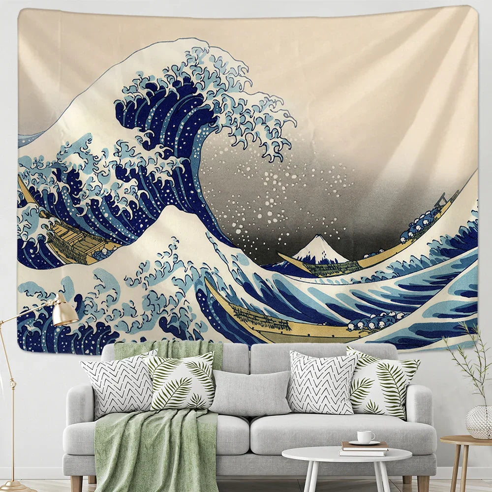 Decorbites™ Tapiz Colgante de Olas de Kanagawa: Tapices de Pared con Sol Boho, Cobertor de Cama, Esterilla de Yoga