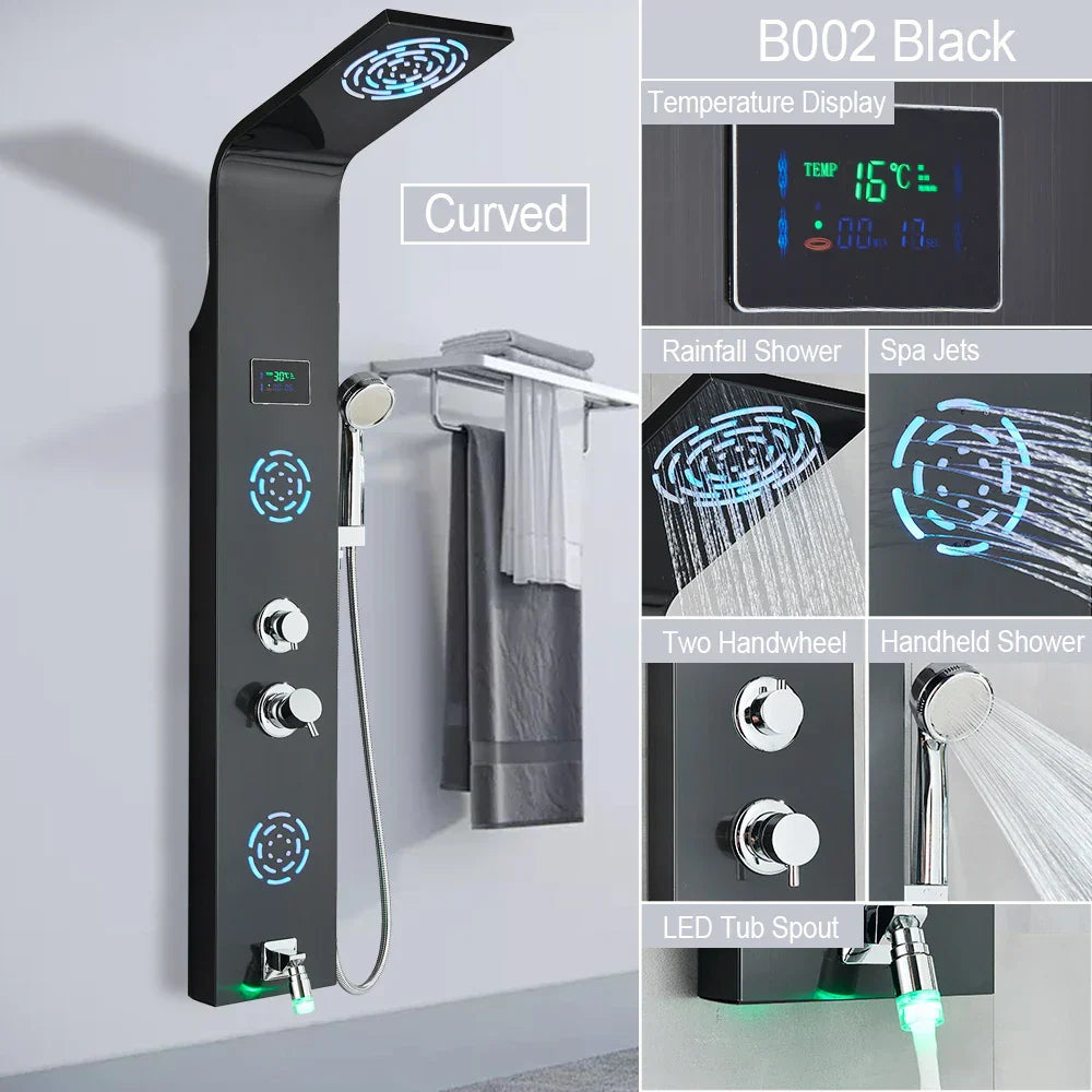 Sistema de grifería para ducha con luz LED DecorBites™: chorros de lluvia, chorros de masaje, panel de cascada con control de temperatura