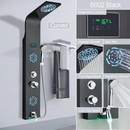 Sistema de grifería para ducha con luz LED DecorBites™: chorros de lluvia, chorros de masaje, panel de cascada con control de temperatura