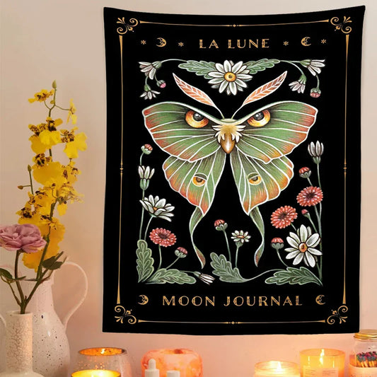 Decobites Moon Moth Tapestry Wall Hanging - Mystical Moon Phase & Cottagecore Wall Art