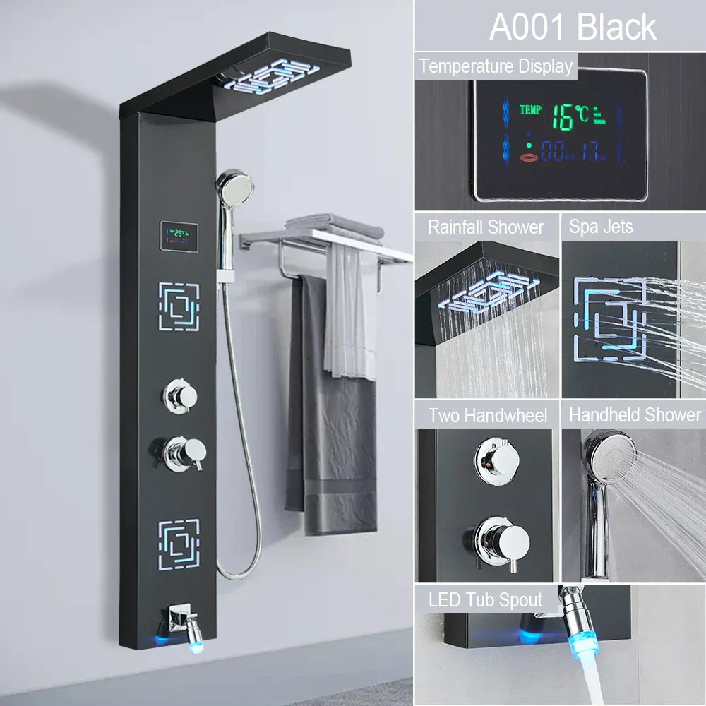 Sistema de grifería para ducha con luz LED DecorBites™: chorros de lluvia, chorros de masaje, panel de cascada con control de temperatura