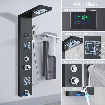 Sistema de grifería para ducha con luz LED DecorBites™: chorros de lluvia, chorros de masaje, panel de cascada con control de temperatura