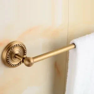 DecorBites™ Brass Bathroom Set: Robe Hook, Paper Holder, Towel Bar, Soap Basket.