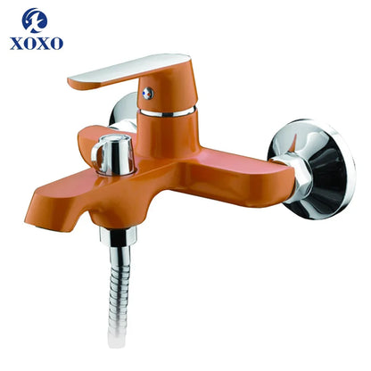 DecorBites™ Brass Chrome Wall Mounted Shower Faucet Set with Green Orange Shower Head