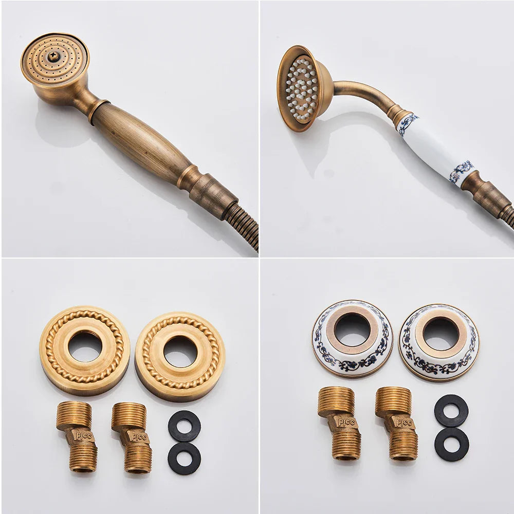 DecorBites™ Brass Antique Tub Faucet with Long Spout, Rotate Handle and Handshower
