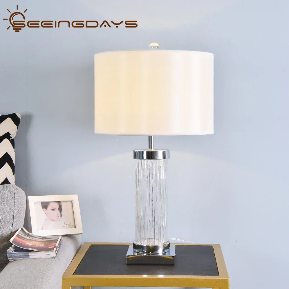 DecorBites™ Glass Crystal Cylinder Table Lamp White Black Lampshade LED Desk Bedside Lamp