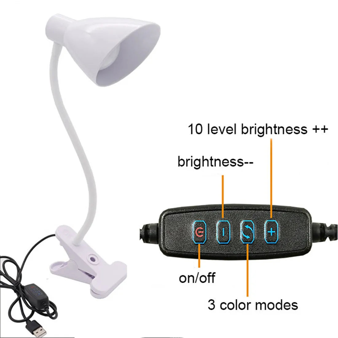 DecorBites™ 5W USB Night Light LED Clip Lamp, Dimmable, 3 Color Modes, 10 Brightness Settings