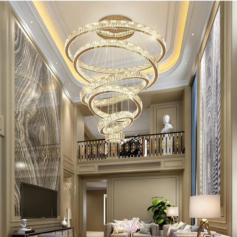DecorBites™ Crystal LED Chandelier: Luxury Modern Ring Stair Hanging Lamp for Living Room Decor