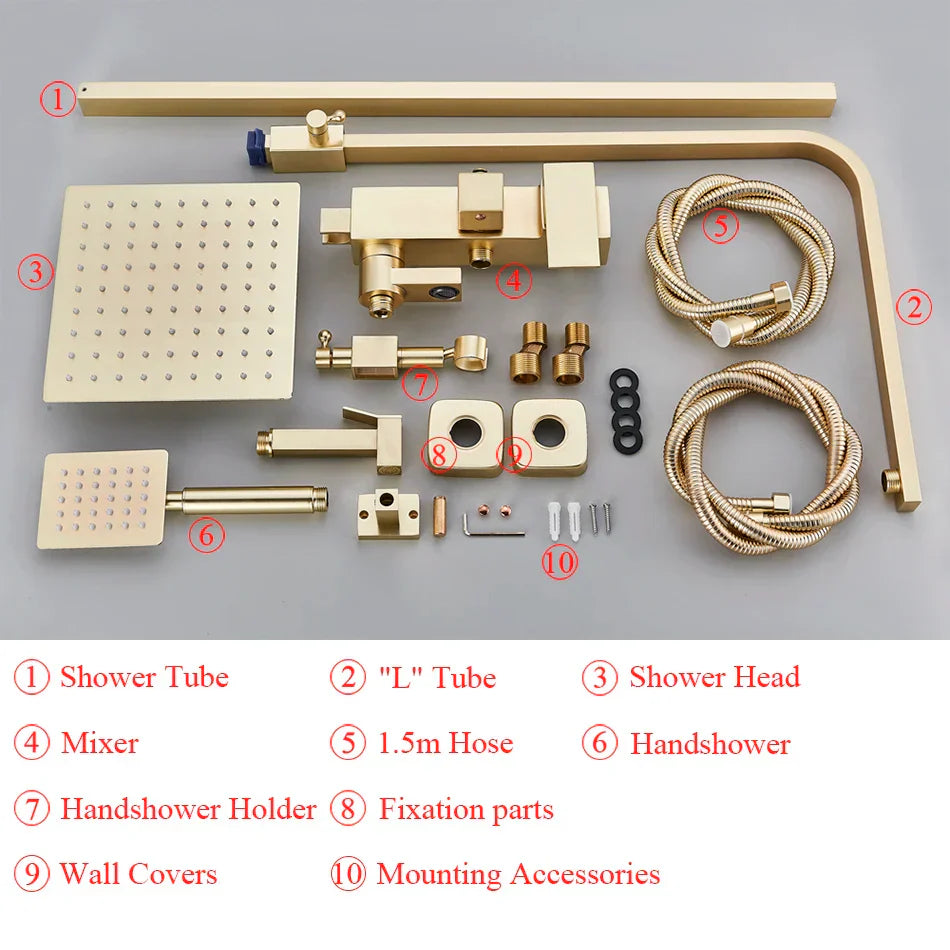 DecorBites™ Gold Wall Mounted Bathroom Shower System Kit with 4-way Mixer