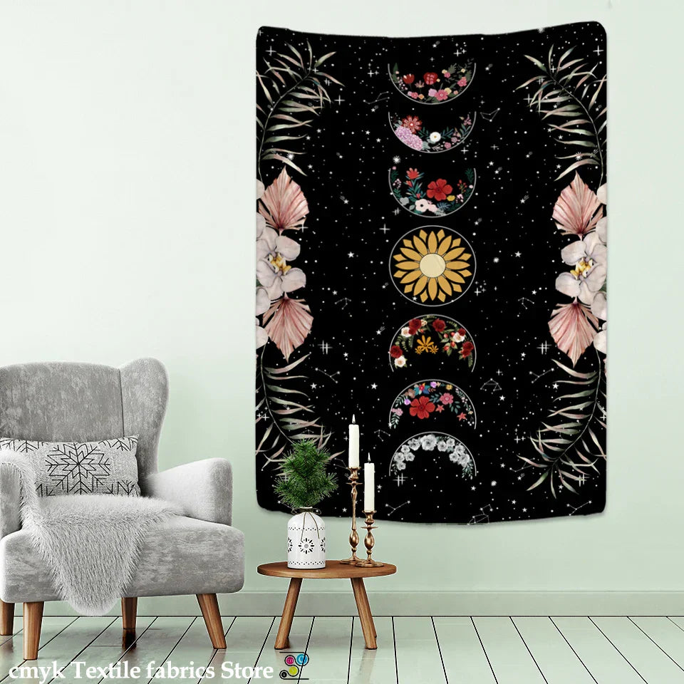 Moon Phase Flower Tarot Tapestry Wall Hanging by Decobites - Psychedelic Hippie Home Decor