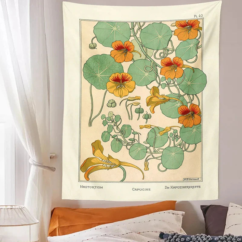 Decobites Wildflower Wall Hanging: Vintage Botanical Tapestry - Nasturtium Thistle Retro Design