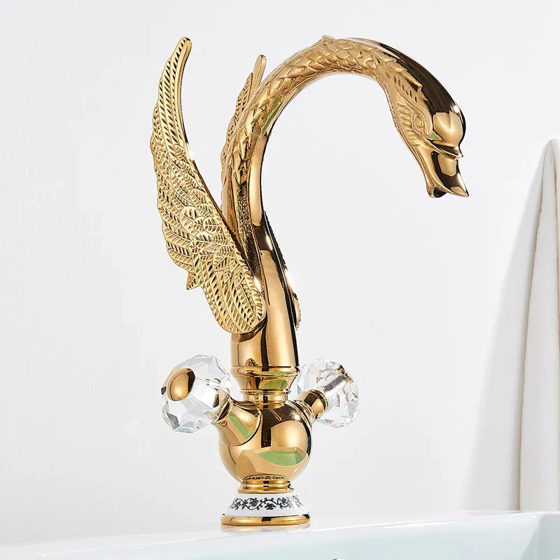 DecorBites™ Golden Swan Basin Faucet: Solid Brass, Deck Mount, Dual Handle Mixer Tap