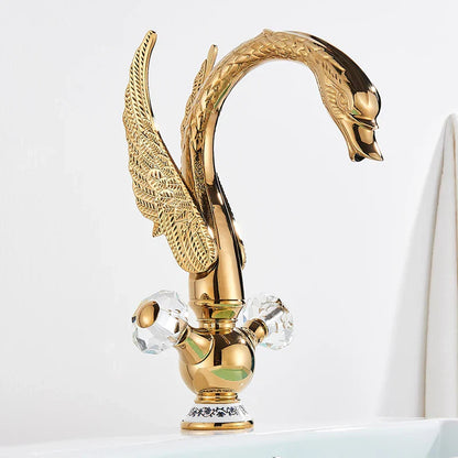 DecorBites™ Golden Swan Basin Faucet: Solid Brass, Deck Mount, Dual Handle Mixer Tap