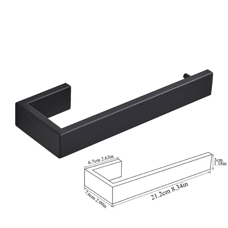 مجموعة أدوات الحمام السوداء من DecorBites™: خطاف رداء، قضيب مناشف، رف، حامل مناديل، منظم فرشاة أسنان